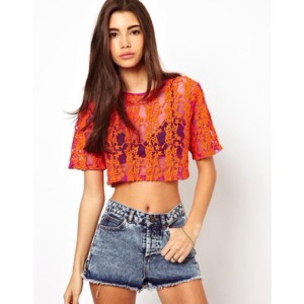 ASOS FLORAL EMBROIDERY MESH STATEMENT CROP TEE